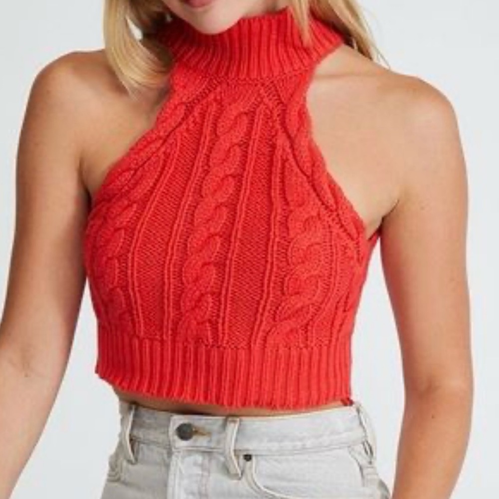 Kendall & Kylie Red Crochet Cable Knit Cropped Open Back Tank Top Women’s XS